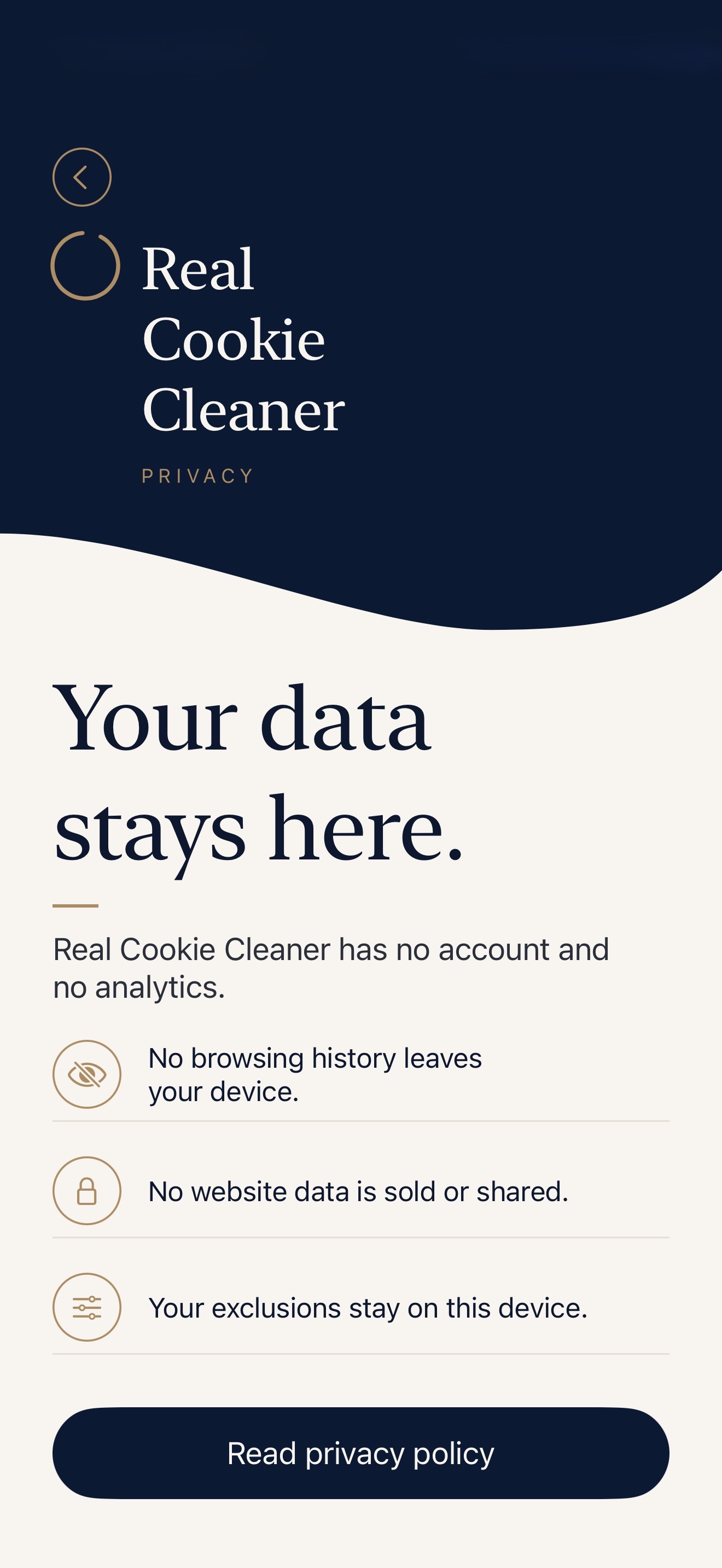The in-app privacy screen describing local-only data handling