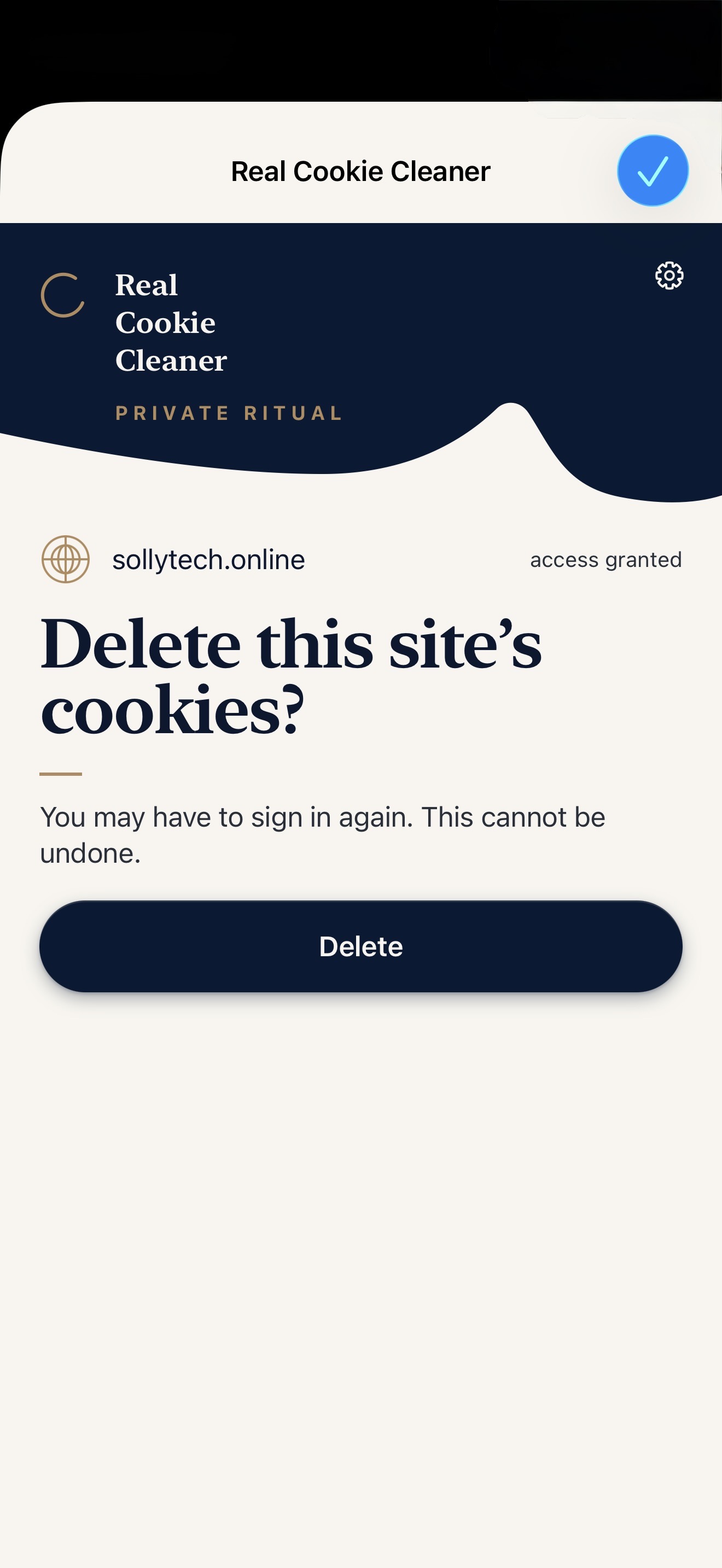 Safari extension confirmation asking whether to delete the selected site's cookies