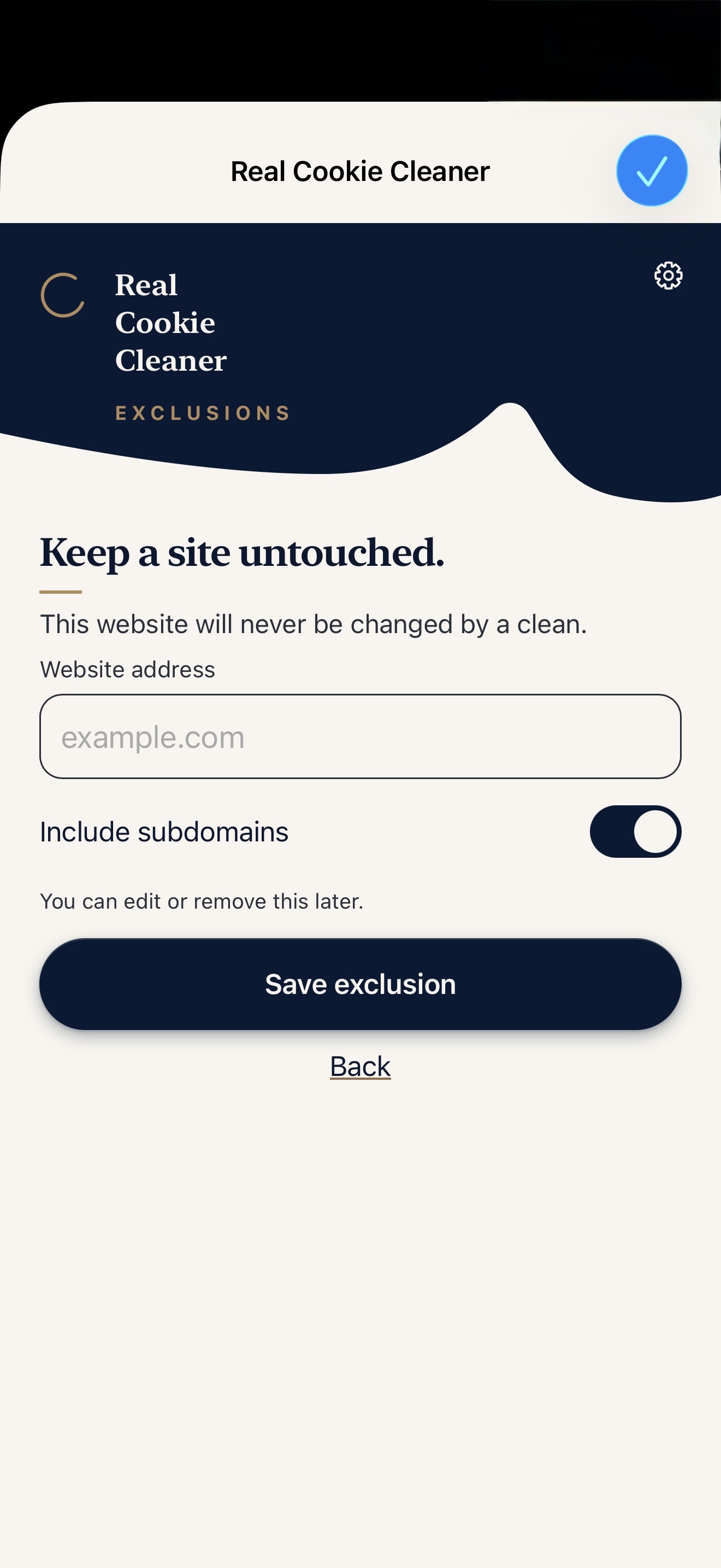 Real Cookie Cleaner exclusion form with an example website and subdomain toggle